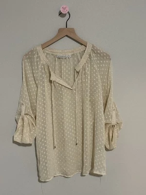 Liz Claiborne Womens Sheer Polka Dot V-Neck Blouse Roll Tab Long Sleeve Top L - Image 1 of 3