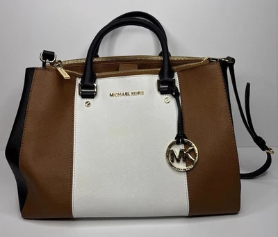 Bolso Cartera Michael Kors Sutton Grande Tira Central Bloque de Color Blanco Marrón Negro Foto 1 de 4