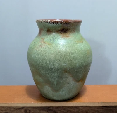 Vintage Brown County Hills Pottery Green Drip Glaze Vase Hand-Thrown Indiana - Image 1 of 4