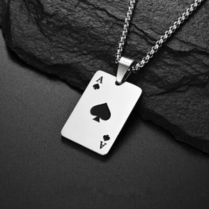 Titanium Steel Hip Hop Chain Men Choker Necklace Playing Card Pendant - Picture 1 of 10