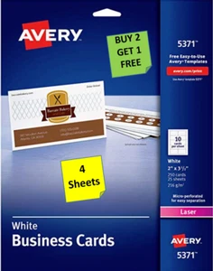 [4 hojas] Tarjetas de visita blancas Avery 5371/5911 2"" x 3 1/2"" B2G1 - Imagen 1 de 1