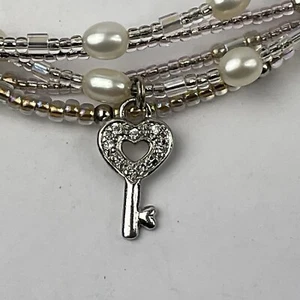 Vintage echte rosa Perle Sterlingsilber 8 CZ’s Herz Schlüssel Charm Multi Strang Armband - Bild 1 von 19