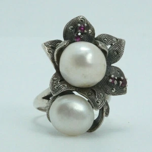 Vintage Sterling Silver South Sea Pearl & Ruby Designer Ring Size 8.5 - Picture 1 of 7