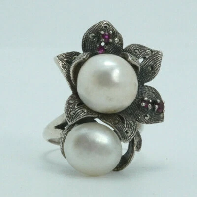 Vintage Sterling Silver South Sea Pearl & Ruby Designer Ring Size 8.5 - Image 1 of 4