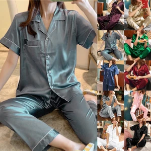 Womens Satin Short Sleeve Shirt Pyjamas Nightwear PJs Set Silk Loungewear Nighty - Picture 1 of 23