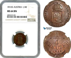 AJ709, Austria, Franz II, 1/4 Kreuzer 1816 S, Smolnik Mint, NGC MS64BN - Picture 1 of 1