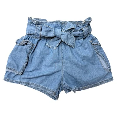 Urban Outfitters PaperBag Shorts Blue Denim Elastic High Waisted Tie Belt Small - Image 1 of 4