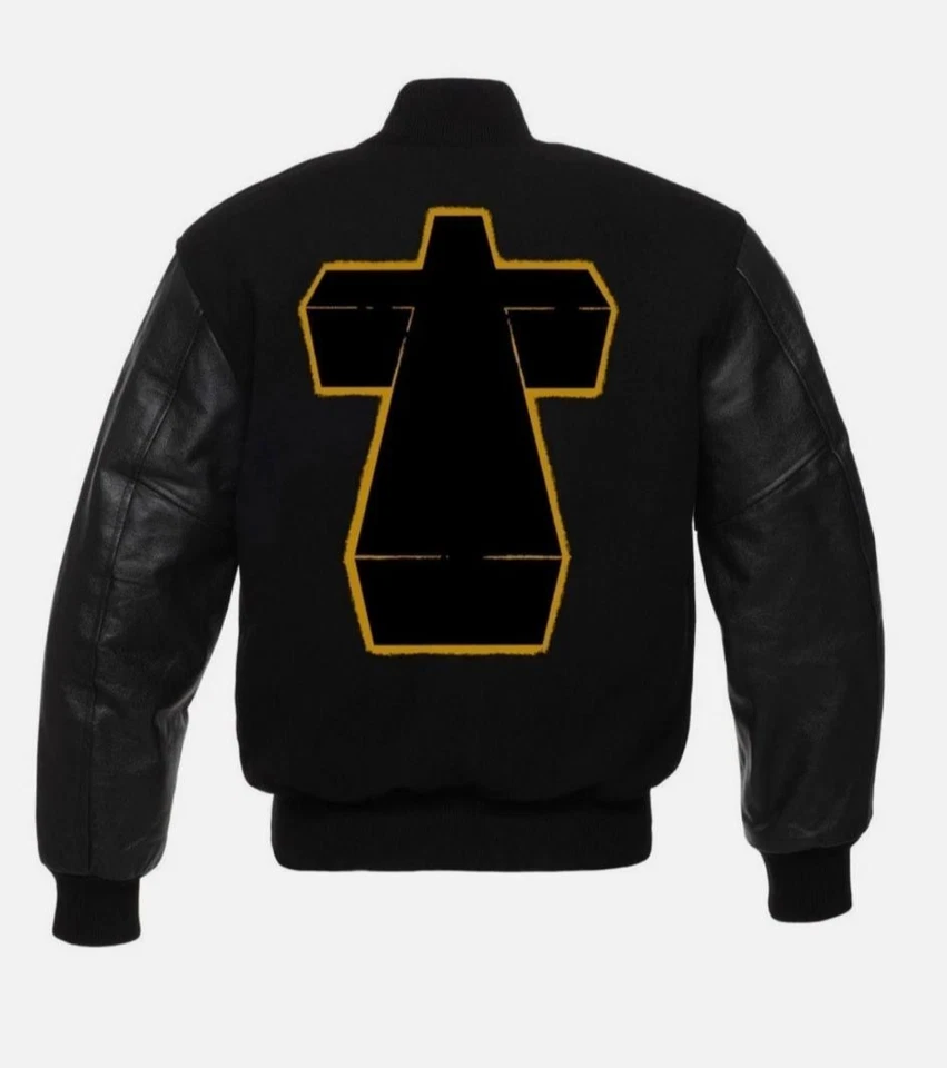 Justice Cross Letterman varsity jacket All Black With Genuine Leather Sleeves - Image 1 of 3