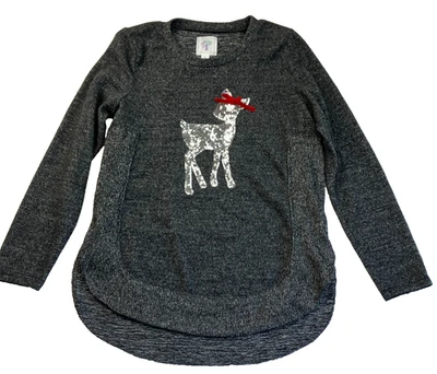 Colortree LARGE (14) Girls Sequin Deer Dark Gray Hi Low Sweater - Image 1 of 4