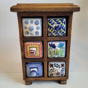 Wooden Chest Apothecary Spice Jewelry 6 Ceramic Handpainted Drawers See Descript - Picture 1 of 24