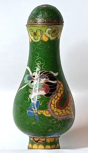 Botella de tabaco cloisonné dragón chino vintage esmalte verde bronce - Imagen 1 de 14