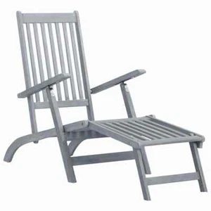 Solid Acacia Wood Outdoor Deck Chair with Footrest Gray Wash Lounger - Picture 1 of 8