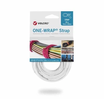 VELCRO® ONE-WRAP® Reusable Cable Ties 25pk – 200mm Wire Straps White Hook & Loop - Image 1 of 2