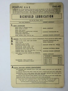 Richfield Lubrication Reference Card for Pontiac 6 & 8 1941 1942 - Picture 1 of 3