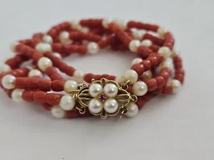 Vintage 14k Gold Coral Pearl Floral Clasp Bead Necklace 21" - Picture 1 of 7