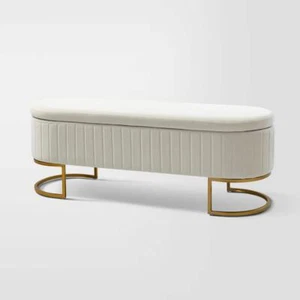 JAYDEN CREATION Storage Bench 50" Upholstered Ivory w/ Golden Metal Sled Legs - Picture 1 of 6