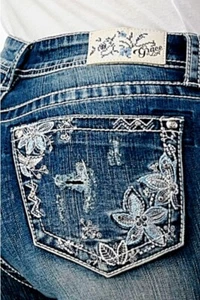 Grace in LA Women's Floral Embroidered Pockets Distressed Bootcut Stretch Jeans - Picture 1 of 3