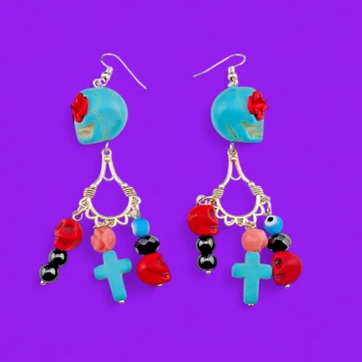 HOWLITE SKULL EARRINGS beaded cluster charm beaded Day of the Dead U4 - Image 1 of 4