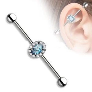Industrial w/Blue Solitaire Gem 14 Gauge 1-1/2" 5mm Balls Steel Barbell  - Picture 1 of 3