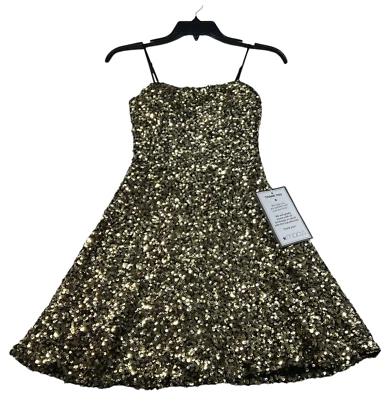 B. Darlin Fit & Flare 连衣裙女式 0 码黑色金色亮片无袖新品 — 第 1/4 张图片