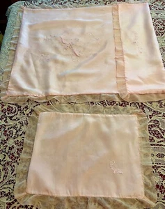 Antique Silk w Silk Chiffon ruffled trim~Pink Cradle Duvet & Pillow Sham~2 pcs. - Picture 1 of 20