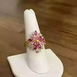 2Ct Marquise Cut Simulated Sapphire & Ruby Wedding Ring 14k Yellow Gold Plated - Picture 1 of 8
