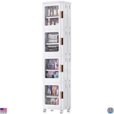 VECELO Armadio Portaoggetti 4 Livelli Slim Bianco con Ruote, Ripiani e Ante Regolabili - Immagine 1 di 4