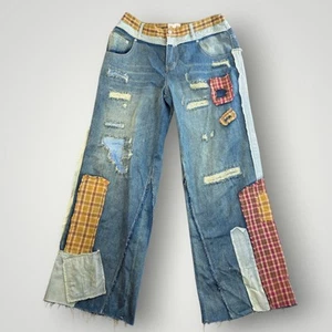 Oli and Hali Patchwork Wide Leg Blue Jeans Size Large Distressed Raw Hem Boho - Picture 1 of 10
