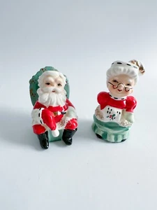 Vintage Lefton Mrs Claus & sitzender Weihnachtsmann Spaghettiborte Salz- & Pfefferstreuer - Bild 1 von 8