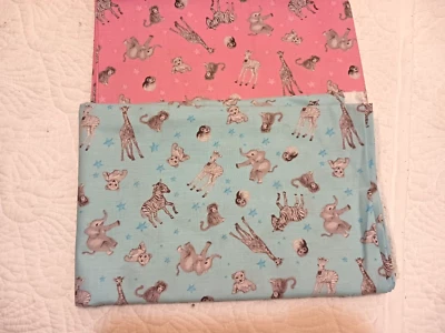 Baby Safari Clothworks Cotton Fabric Adorable Young Animals 2 Cuts Pink Blue 1.5 - Image 1 of 4