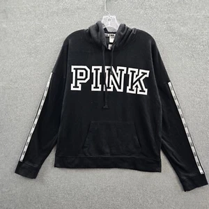 PINK Victoria's Secret Women Sweatshirt Medium Black Drawstring Hoodie Logo - Picture 1 of 10