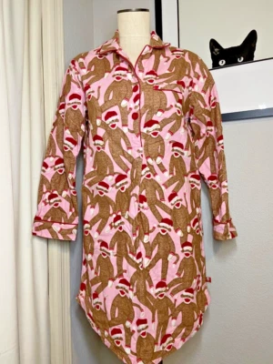 Camisola Nick & Nora tamanho médio flanela meia macaco Papai Noel dormir Natal LS - Imagem 1 de 2