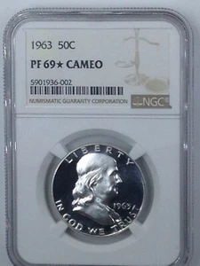 1963 Proof 69 * Cameo Franklin PF 69 Star Cameo - Foto 1 di 2