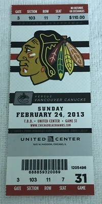 Boleto de hockey de la NHL Chicago Blackhawks Vancouver Canucks 24/02/2013 Foto 1 de 2