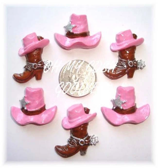 6PC GIDDY UP PINK COWBOY COWGIRL BOOT HAT FLATBACK RESINS 4 HAIRBOW BOW CENTER Foto 1 de 1