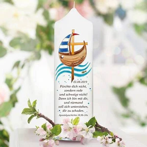 weiße Taufkerze Kerze zur Taufe oder Geburt Boot Jesuskreuz mit Name Datum Ta... - Bild 1 von 11
