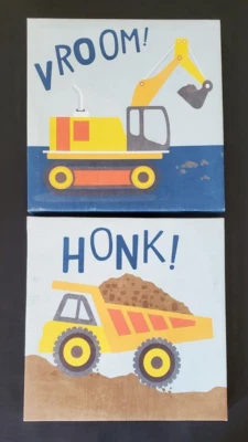 Construction Trucks Prints Wall Art Boys Bedroom Canvas Pict 12"x12" Set Of 2 - Image 1 of 4