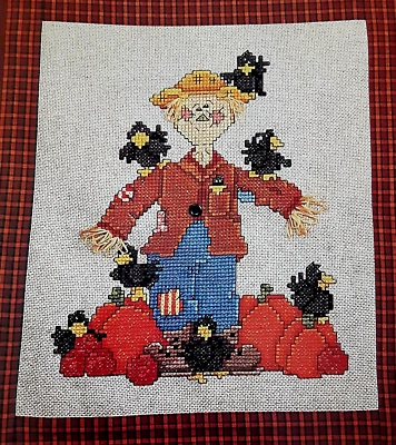 Cross Stitch Pattern HALLOWEEN SCARECROW Pumpkins Black Crows Birds Autumn Theme - Image 1 of 4