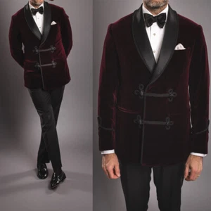 Men Spring Burgundy Velvet Jacket Double Breasted Coat with Chinese Style Button - Picture 1 of 16