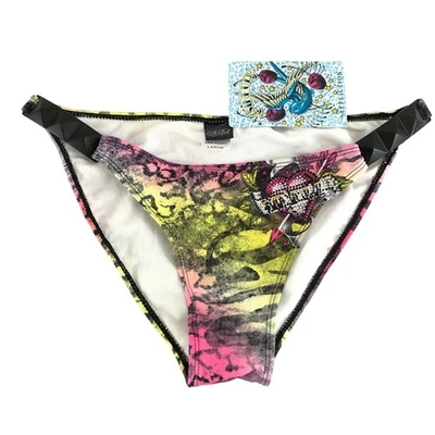 Sinful by Affliction 比基尼底部镶嵌心形老虎水钻粉色黄色 L — 第 1/4 张图片