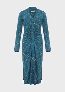Hobbs Hetty Teal Green Stars Long Sleeve Jersey Ruched Button Front Dress UK 16 - Picture 1 of 10