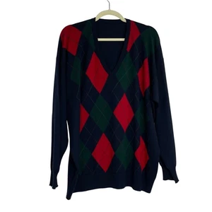Argyle Print V-neck Men's Sweater Made in Scotland 100% Lambswool size XL Preppy - Picture 1 of 10