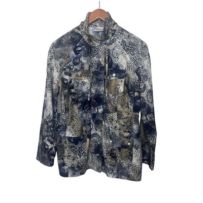 Zenergy By Chico's Size 0 Small Animal Print Zip Front Jacket Ivory Black Blue - Image 1 of 4