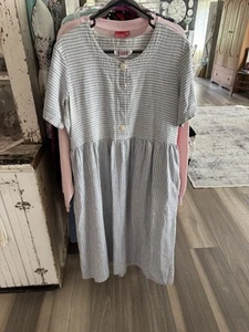 Vintage FADS Linen Blue Striped Pocketed Maxi Dress Size 16 - Picture 1 of 11