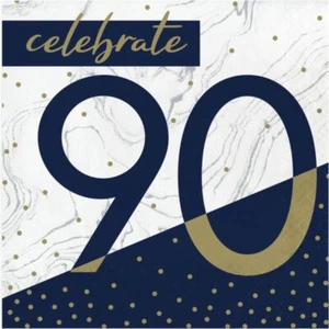 Navy & Gold Milestone 90th Birthday Lunch Napkins Paper 16 Per Pack 6.5" x 6.5" - Picture 1 of 1