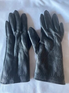 Vintage Black Leather Rabbit Fur Lined Ladies Gloves Made In Japan Size B - Picture 1 of 7