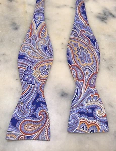 100% Silk Handmade Paisley Blue Red Orange White Self Tie Adjustable Bow Tie - Picture 1 of 5