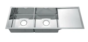 Polished Chrome stainless steel double bowl kitchen sink with drainer r10 mm - Picture 1 of 6