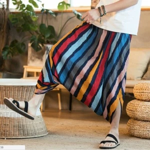 Pantalones de harén de Nepal a Rayas de Algodón Pantalones Sueltos Entrepierna Recortados Informales - Imagen 1 de 8