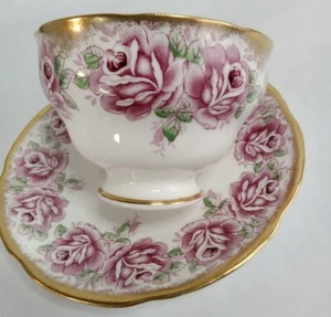 Vtg Adderley Tea Cup & Saucer cabbage rose pink inside bone china Gold Trim - Picture 1 of 12